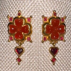 Signed Leslie Block Vintage Floral Drop Cabochon Earrings